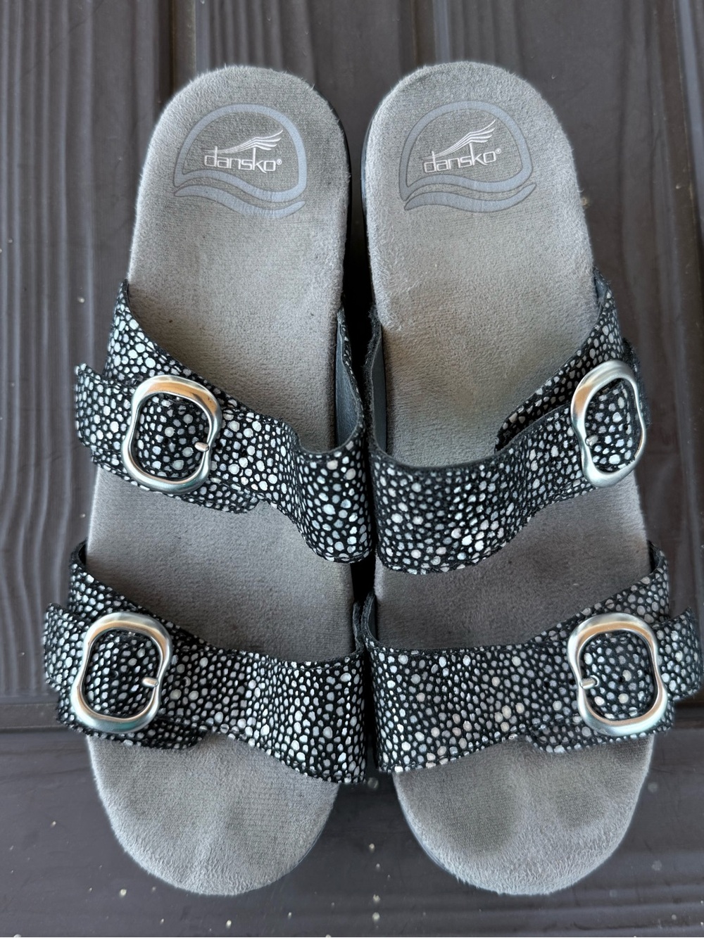 Dansko Black and White Speckled Double-Buckle Slide Sandals 38